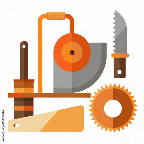 Collection of flat design carpentry and woodworking tools with a saw blade and sharp knife