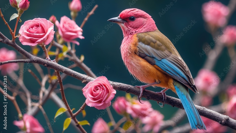 Female Rose-Breasted Grosbeak perched on a branch with pink roses, with space for text Female Rose-Breasted Grosbeak perched on a branch with pink roses, with space for text