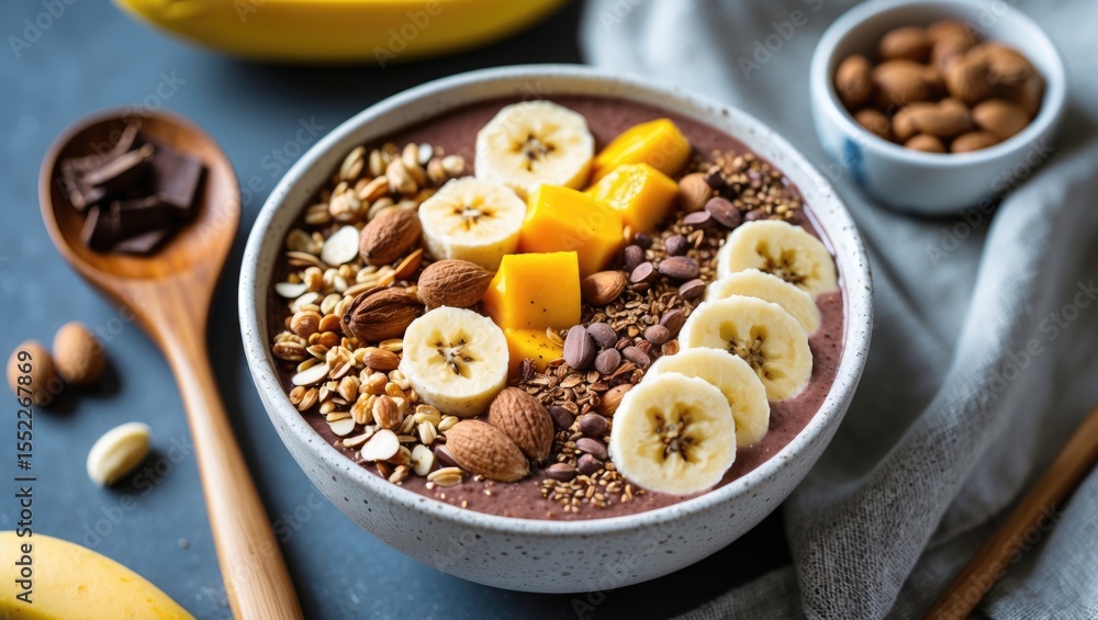 Fototapeta premium Close-Up Of A Vegan Fruit Smoothie Bowl With Wooden Spoon, Granola, Nuts, Banana, Mango And Cocoa On A Table For A Healthy Breakfast. With Empty Copy Space For Text
