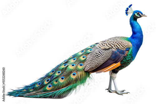 Close up photograph of a full body peacock with iridescent blue neck and green tail feathers isolated on a transparent background
