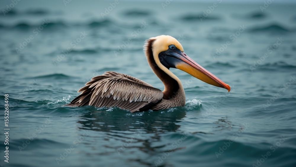 A single brown pelican swimming in the ocean. A single brown pelican swimming in the ocean.