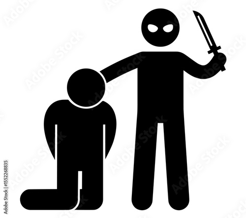 Silhouette of Armed Aggressor Threatening Kneeling Victim – Violence, Terrorism, Hostage Situation, Social Threat, or Crime Warning in Public Awareness and Security Contexts