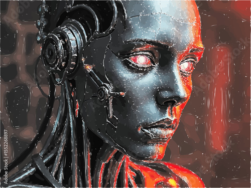 Futuristic woman humanoid robot with glowing eyes and intricate mechanical details, illuminated by warm orange light, symbolizing advanced artificial intelligence and technology