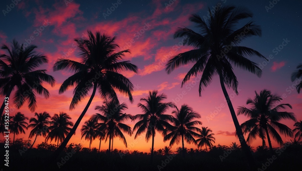 Trees Silhouette Against Twilight Sky During Dusk Gloaming Nightfall Atmosphere with Dark Coconut Tree and Empty Copy Space for Text Trees Silhouette Against Twilight Sky During Dusk Gloaming Nightfall Atmosphere with Dark Coconut Tree and Empty Copy Space for Text