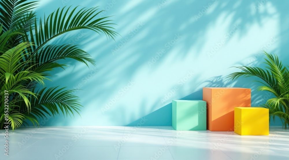 Obraz premium Vibrant geometric cubes in pastel colors placed on a tiled floor with lush green palm leaves and dappled sunlight shadows on a blue wall