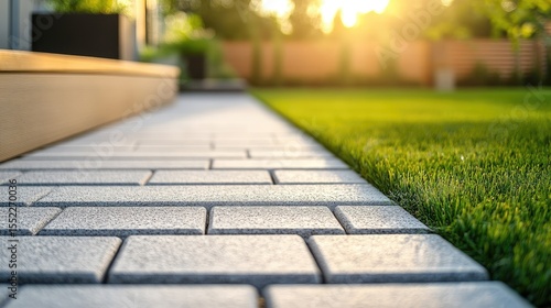 Close-up of a light gray brick walkway bordering lush green grass.