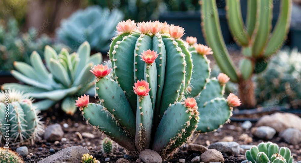 Fototapeta premium Succulent Cactus Plant Growing In The Garden with pink flowers and surrounded by other succulents.