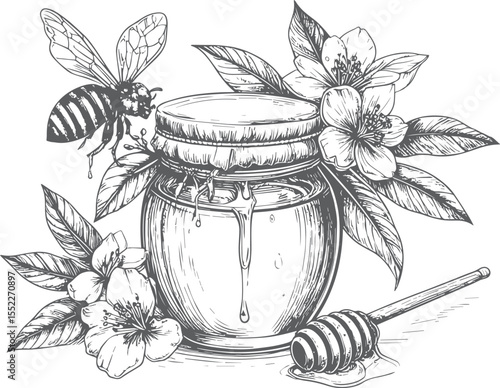 Golden Honey Jar with Bee and Blossoms Engraving