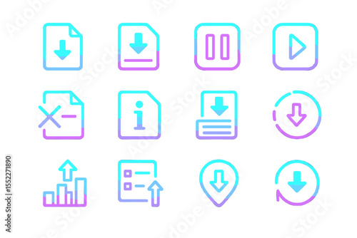 Neon blue and purple icon set on black background