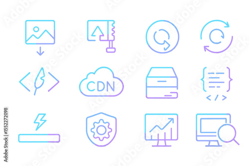 Neon glowing icons set for technology and multimedia applications