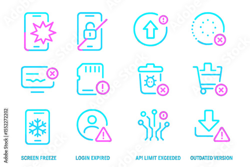 Neon icons of mobile app issues: screen freeze, login expired, outdated version