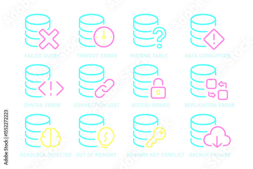 Neon database error icons illustrating common system failures