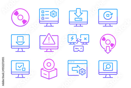 Neon computer icons representing software updates and downloads