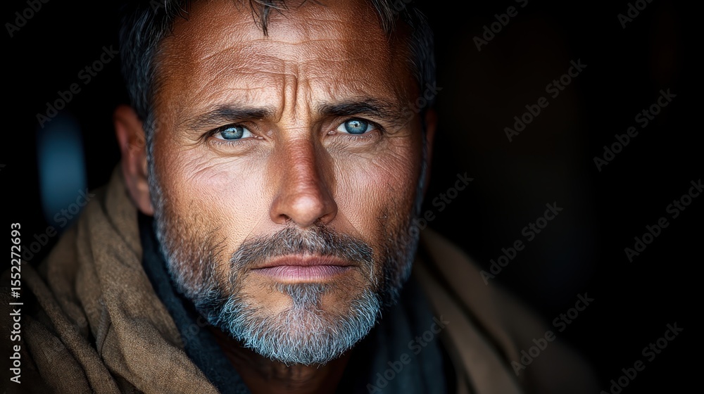 Fototapeta premium This close-up portrait captures a mature man's intense expression, focusing on the intricate details of his weathered skin and piercing blue eyes that convey depth and experience.
