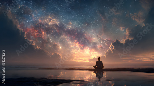 Wallpaper Mural Silhouette of a person meditating filled with a cosmic galaxy. Concept of mindfulness, inner peace, mental health, and spiritual awakening through meditation and self-awareness. Torontodigital.ca