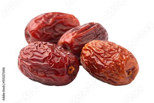 Four wrinkled deep red dried dates with visible texture in a front view arrangement isolated on a transparent background