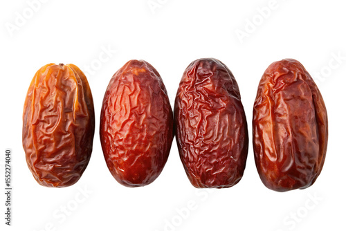 Four wrinkled dry red dates in a row front view isolated on a transparent background dry dates fruit