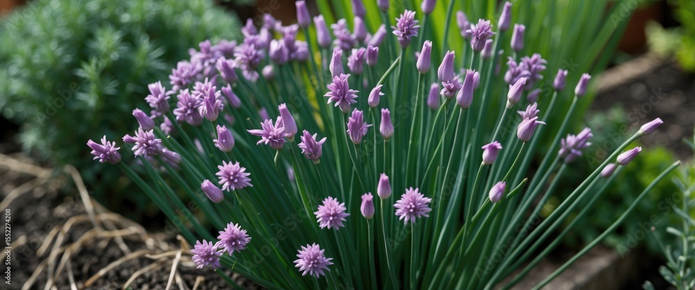 Obraz premium Small Purple Chives Flowers Growing In Garden On Bunch Of Herbs, Closeup Detail with Empty Copy Space For Text
