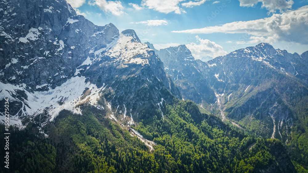Fototapeta premium Drone aerial scenic summer landscape of the Julian Alps, Europe
