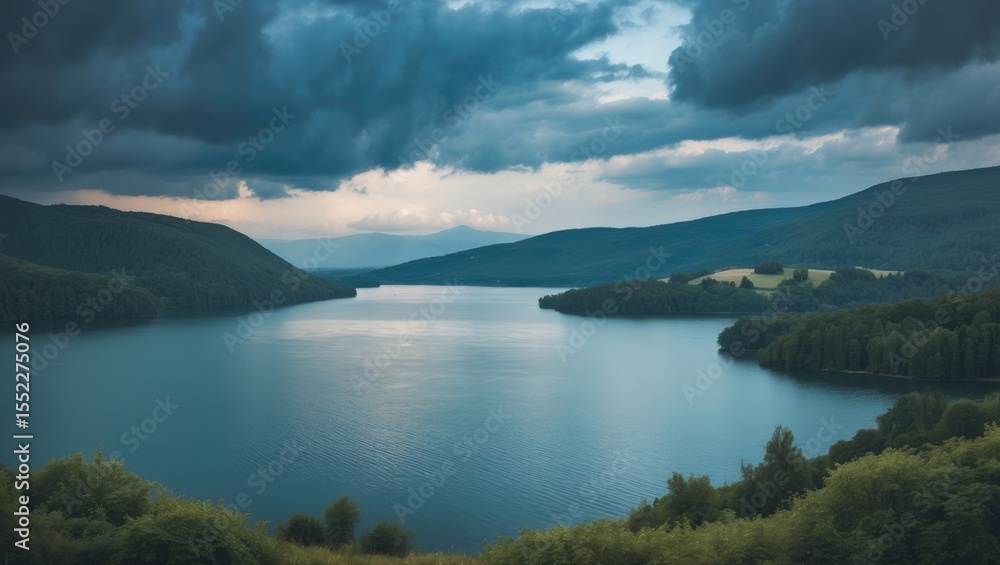 Panoramic beautiful view of a lake during a cloudy summer day. Nature background panorama with empty copy space for text Panoramic beautiful view of a lake during a cloudy summer day. Nature background panorama with empty copy space for text