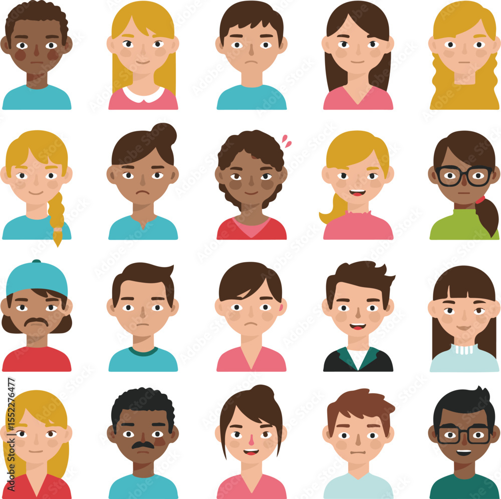 Collection of diverse and expressive character avatars Collection of diverse and expressive character avatars