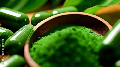 Close-up view showcasing green spirulina powder in a wooden bowl with spirulina capsules on dark wooden surface