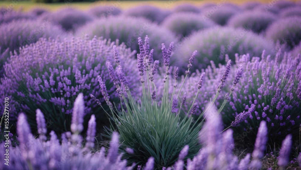 Obraz premium Summer Purple Lavender Field Background with Scented Flowers in Fields and Empty Copy Space for Text