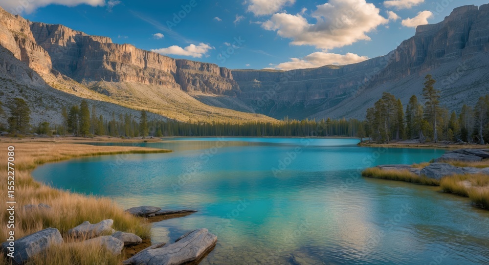 Obraz premium A large lagoon in a national park with cliffs, trees, and a clear blue sky.
