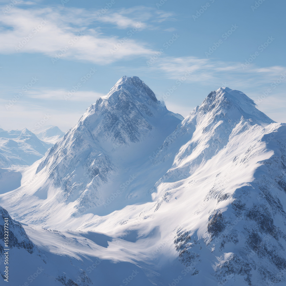 Obraz premium Snow-capped peaks of a majestic mountain range under a clear blue winter sky.