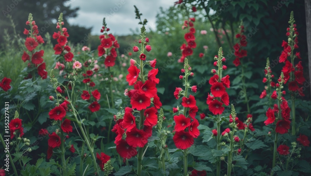 Obraz premium Red hollyhocks blooming in early summer garden with empty space for text.