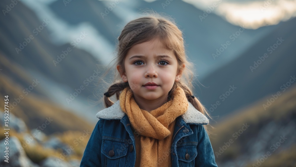 Portrait of a cute little girl in mountains with empty space for text Portrait of a cute little girl in mountains with empty space for text