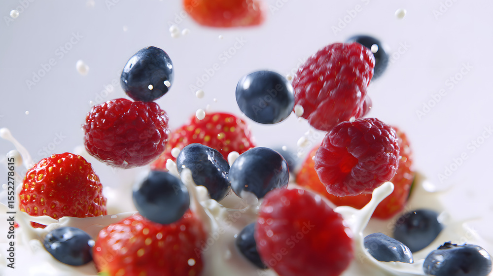 Vibrant Slow Motion Splash of Fresh Assorted Berries in Creamy Liquid Against Light Background Vibrant Slow Motion Splash of Fresh Assorted Berries in Creamy Liquid Against Light Background