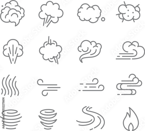 Thin line icon set of steam smoke and explosion cloud wind fire air. Pixel perfect icons, editable stroke.