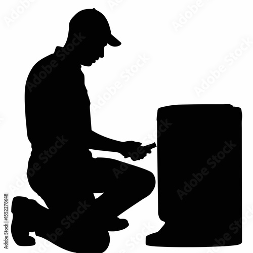 Silhouette of a technician conducting a diagnostic test on an air conditioner unit, black and white, isolated on white background, concept of HVAC services.