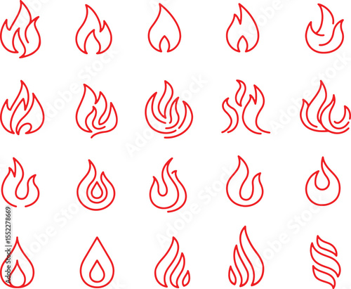 Thin line icon set of fire flame heat burn hot flaming campfire.  Pixel perfect icons, editable stroke.