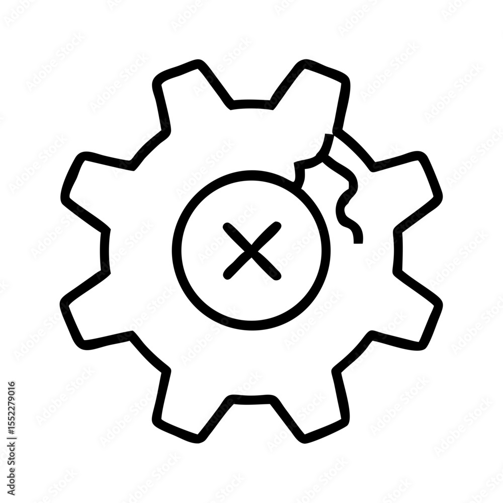 Broken gear graphic in outline style with damaged section Broken gear graphic in outline style with damaged section
