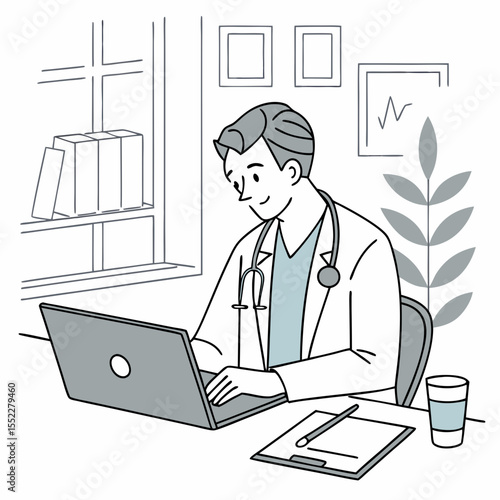 Doctor Providing Telemedicine Services via Laptop – Flat Vector for Online Health Consultations, Remote Care, and Virtual Medical Platforms
