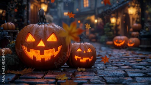Festive Pumpkin Display in Autumn Evening With Glowing Lanterns and Colorful Leaves