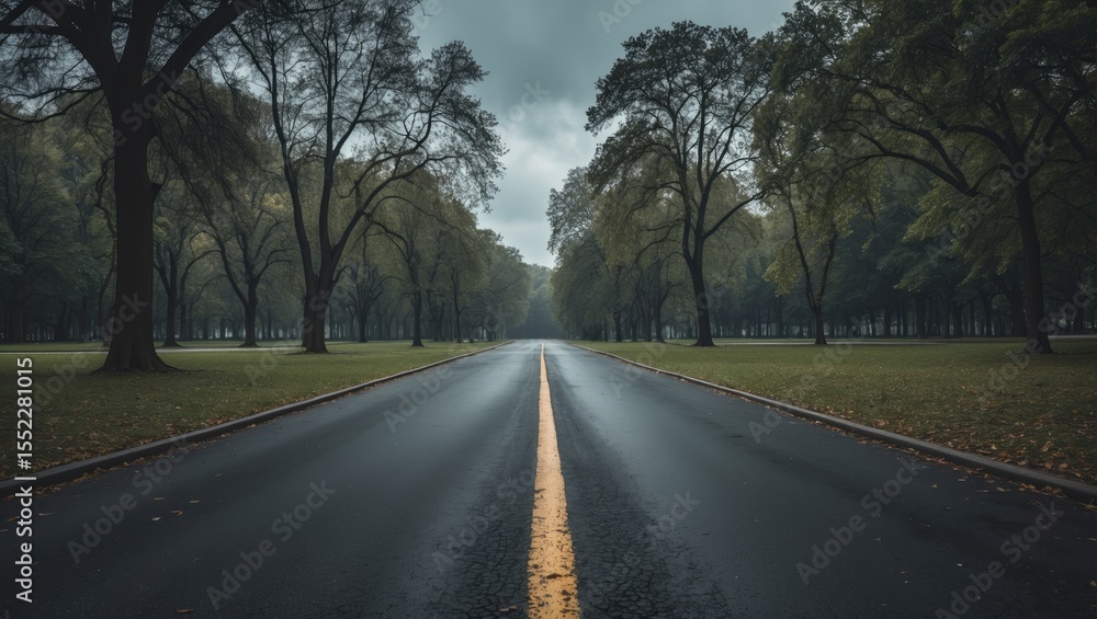 Fototapeta premium Empty asphalt road in park with trees lining both sides and a yellow centerline.