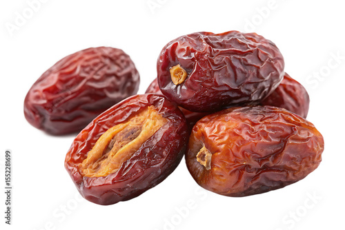 Pile of ripe red dried dates one split showing flesh and seed cavity isolated on a transparent background