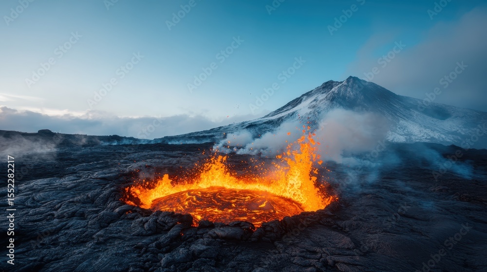 Fototapeta premium A stunning view of a lava eruption from a volcano against a scenic backdrop, capturing the raw power of nature and the dynamic energy of the landscape.