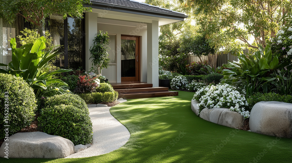 Fototapeta premium Dom otoczony bujnym, starannie zaaranżowanym ogrodem z zielonym trawnikiem i kwitnącymi roślinami. Harmonijna przestrzeń idealna do relaksu i spędzania czasu na świeżym powietrzu.