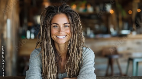 Wallpaper Mural A joyful woman with dreadlocks, radiating warmth and friendliness in a cozy cafe setting, creating a relaxed and inviting atmosphere full of life and character. Torontodigital.ca