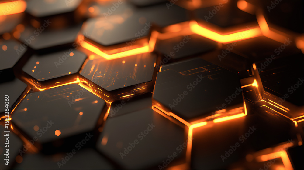 Abstract Hexagonal Dark Stone Surface with Glowing Orange Energy Lines; Futuristic Technology Background. Abstract Hexagon Network: Glowing Orange, Dark Background, Futuristic Technology Concept Abstract Hexagonal Dark Stone Surface with Glowing Orange Energy Lines; Futuristic Technology Background. Abstract Hexagon Network: Glowing Orange, Dark Background, Futuristic Technology Concept