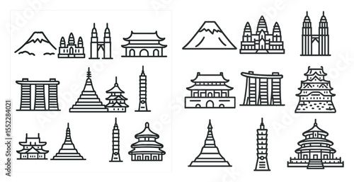 The image is a collection of different buildings and landmarks from various countries. The buildings are drawn in a simple, stylized way, with some featuring a pointed roof