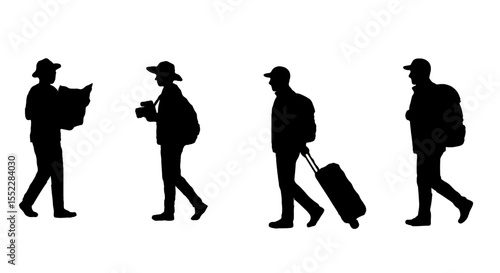 Group of black silhouettes depicts walking travelers with luggage and map, ready for adventure and exploration.