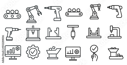 Collection of industrial tools and machines, including drills, saws, and other power tools. Concept of productivity and efficiency, as these tools are often used in manufacturing