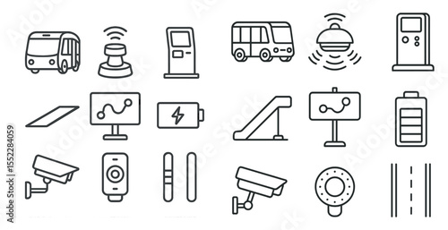 Collection of icons for various modes of transportation and public services. The icons include a bus, a train, a car, a bus stop, a parking meter, a bus station, a bus, a train station, a subway