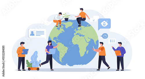 Global Teamwork Flat Art Isolated on Transparent Background