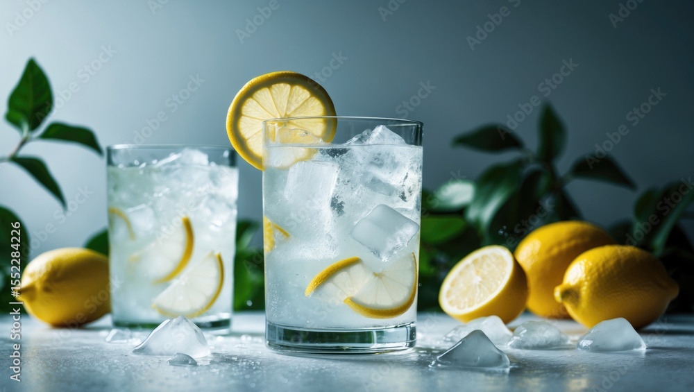 Fototapeta premium Glass of Lemonade with Ice on white background with empty copy space for text
